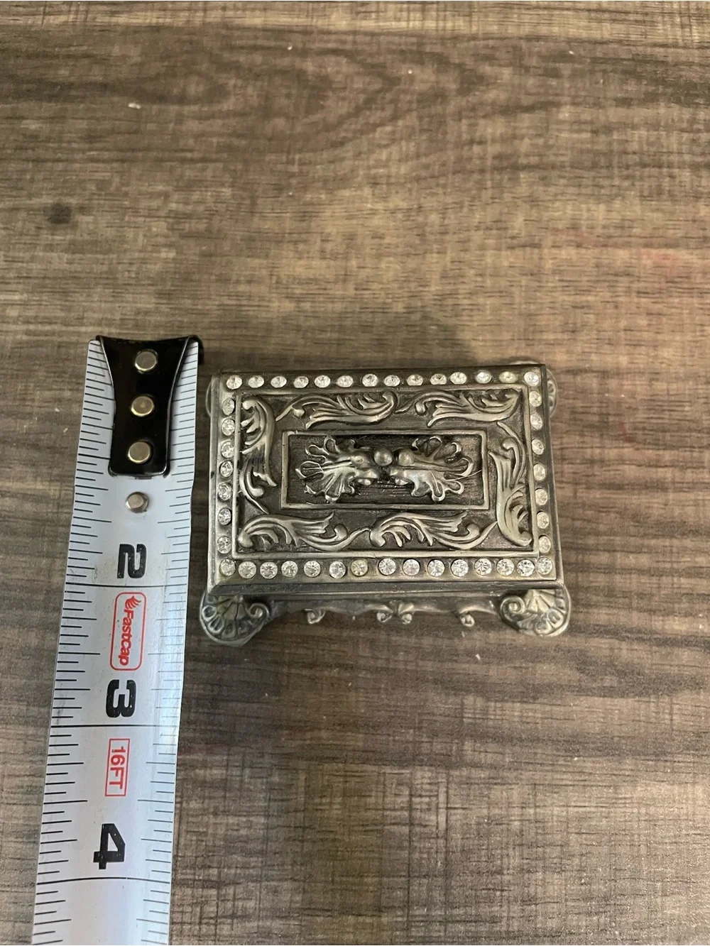 Vintage Ornate Metal Footed Trinket Box Rhinestone Border Small Vanity